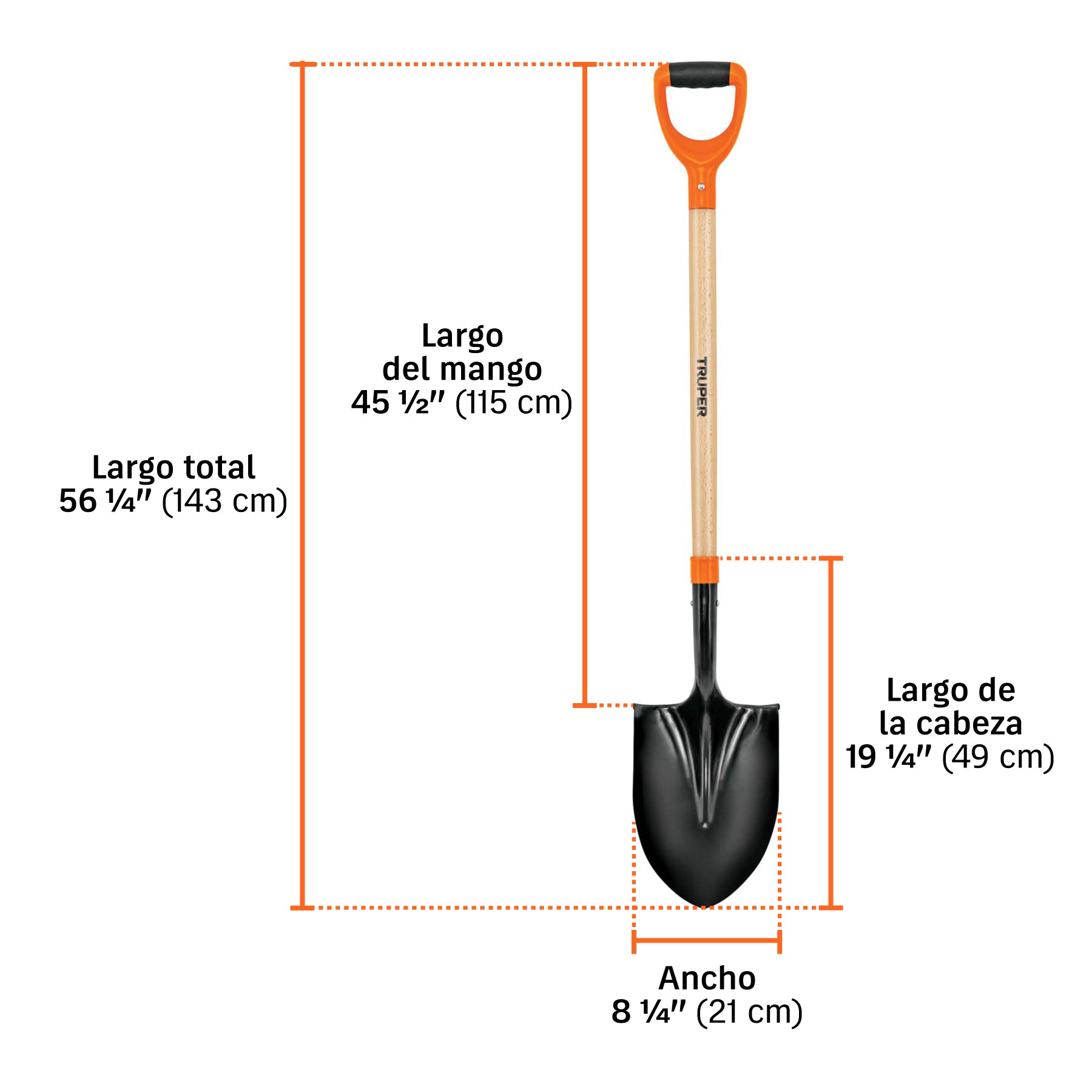 Pala redonda T-2000, puño 'Y', mango 36', TRUPER