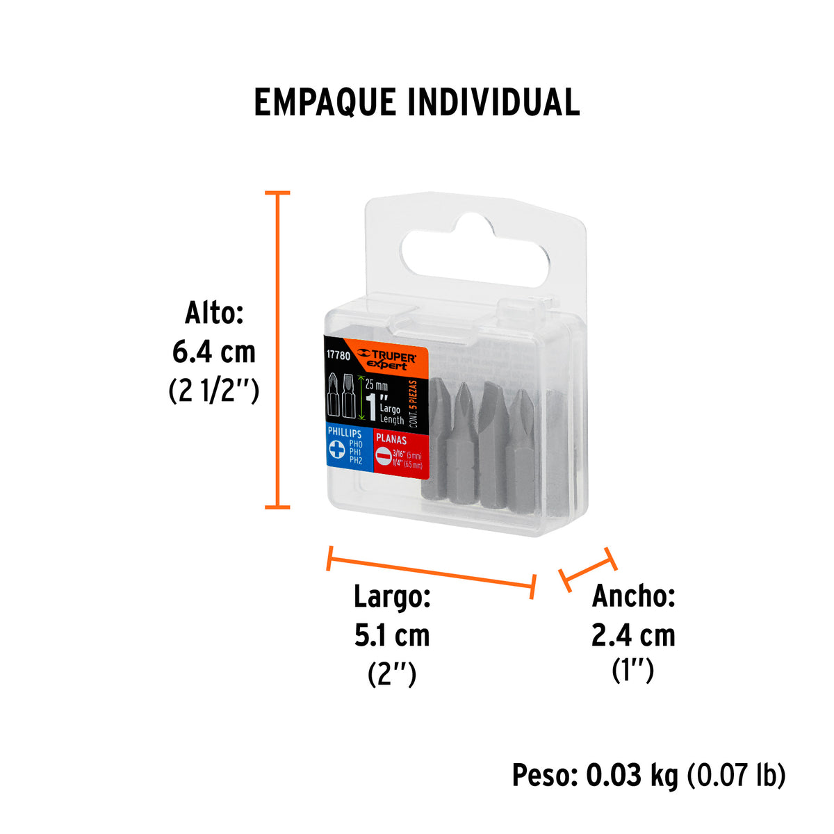 Juego de 5 puntas, largo 1", en blister