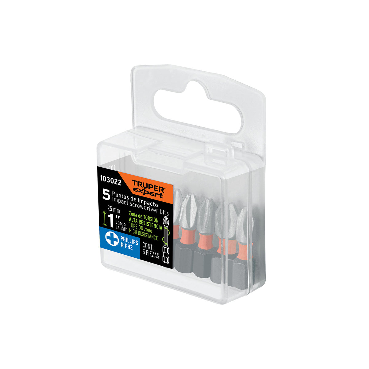 Estuche con 5 puntas de cruz PH2 de impacto largo 1"