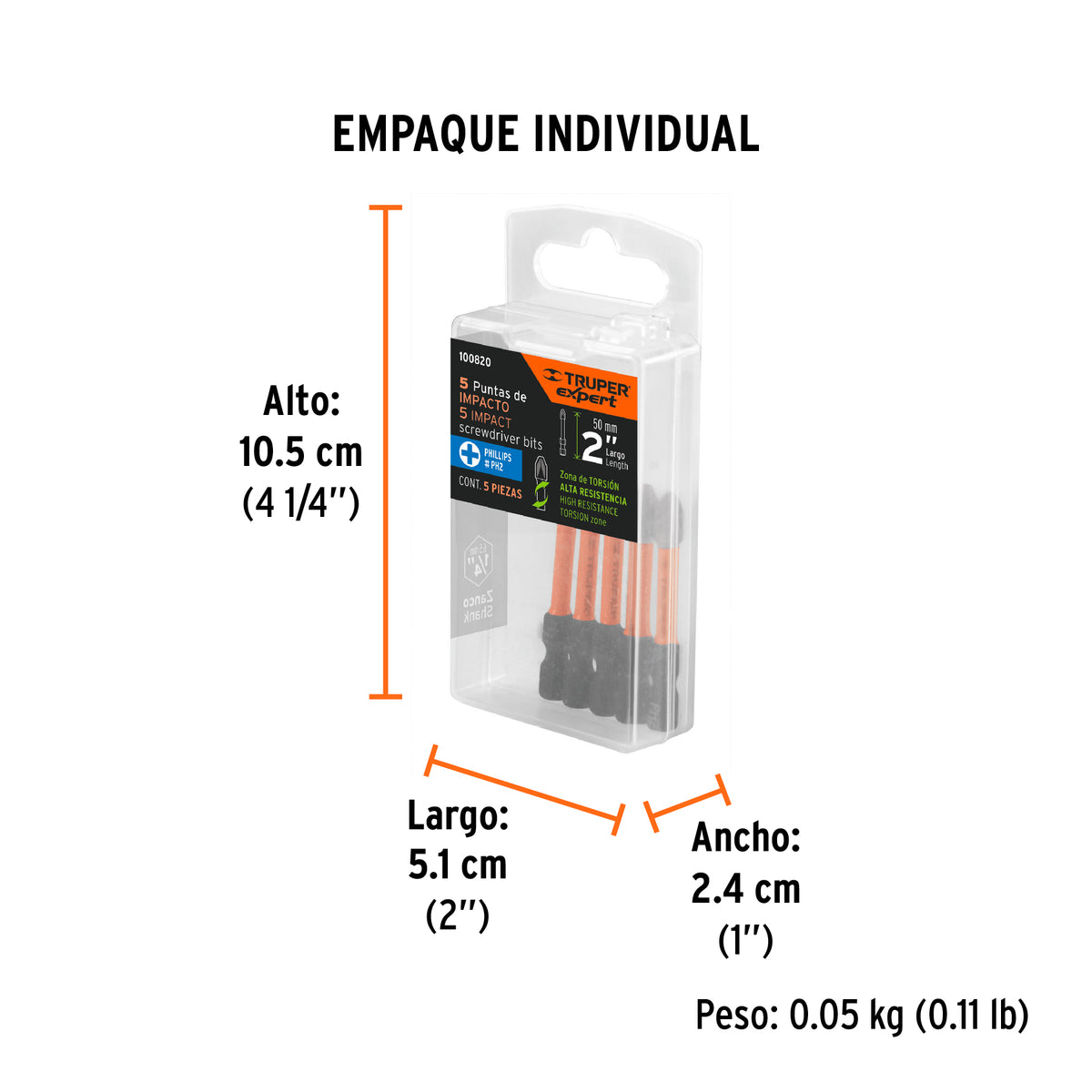 Estuche con 5 puntas de cruz PH2 de impacto largo 2", EXPERT