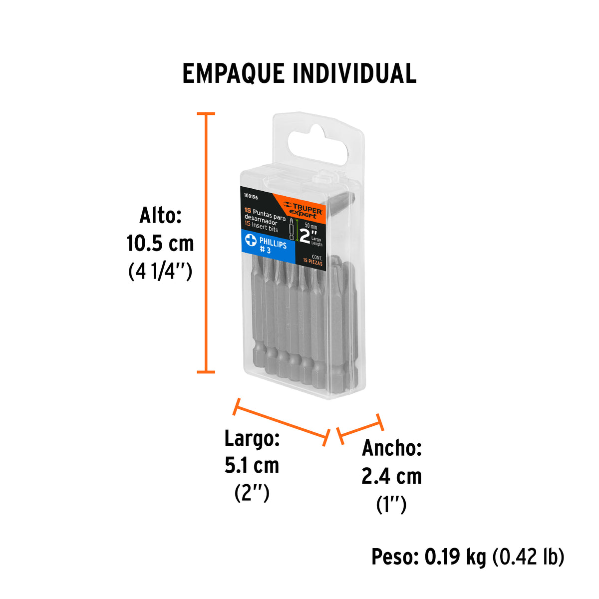 Estuche con 15 puntas de cruz PH3 largo 2", TRUPER EXPERT