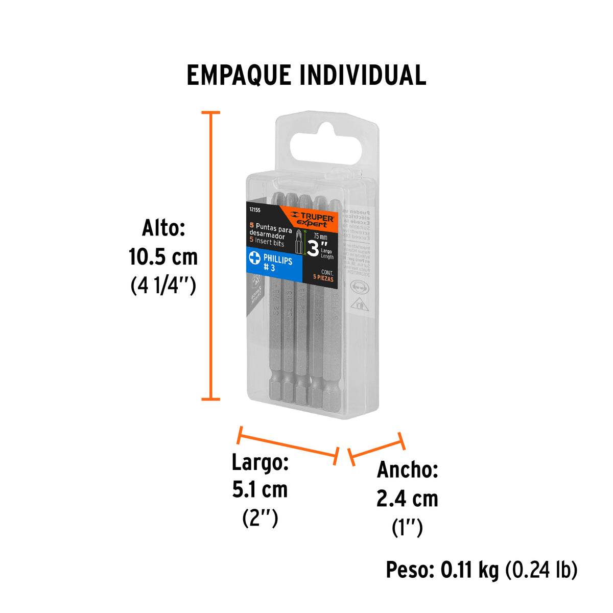 Puntas para desarmador Phillips PH3, 3", 5 piezas