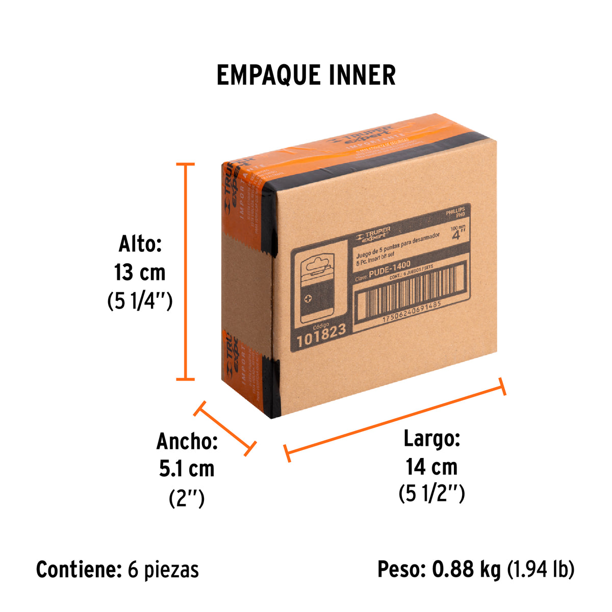 Estuche con 5 puntas de cruz PH0 largo 4", TRUPER EXPERT