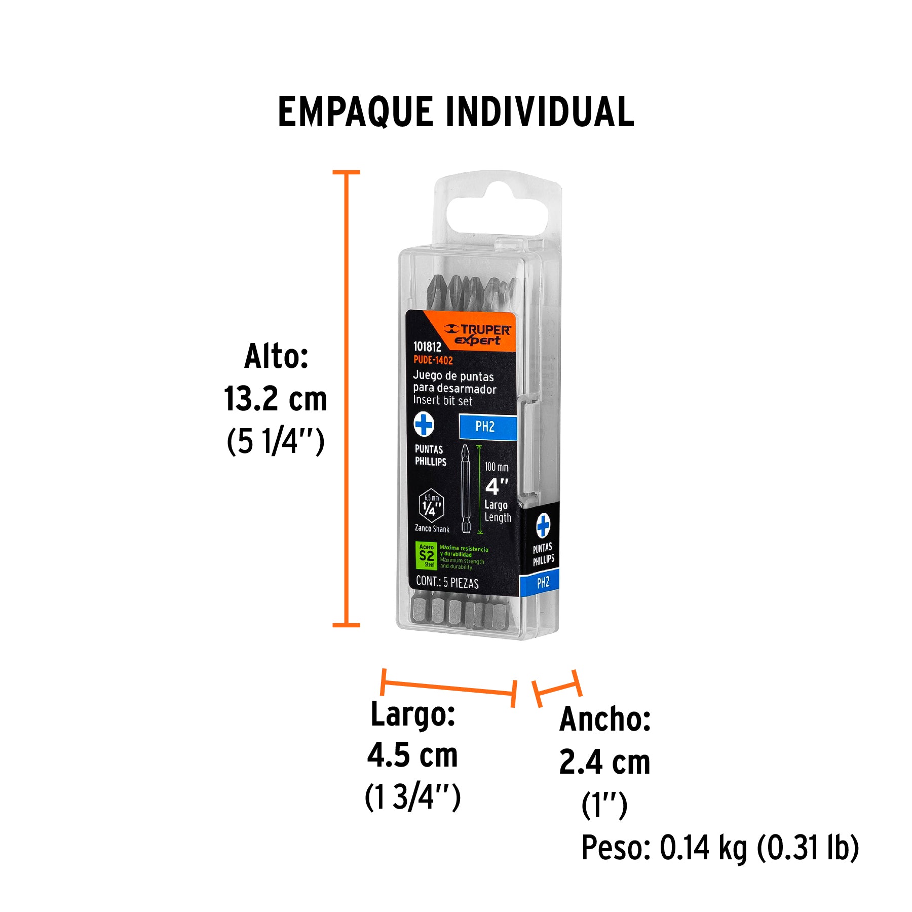 Puntas para desarmador Philips #2 largo 4', 5 pzas, Expert