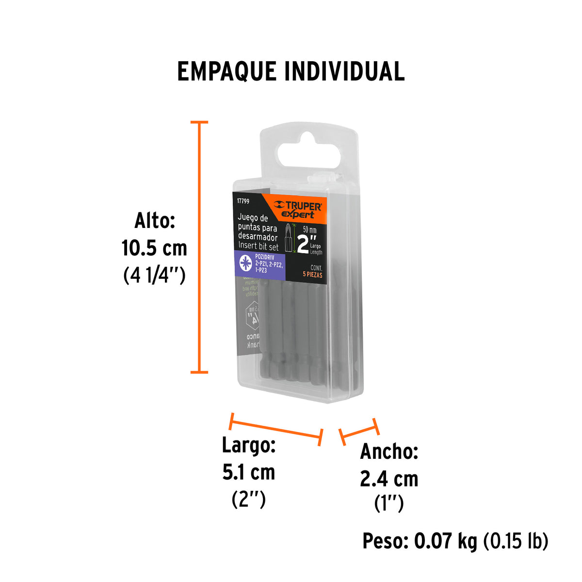 Juego de 5 puntas pozidriv, largo 2", blister