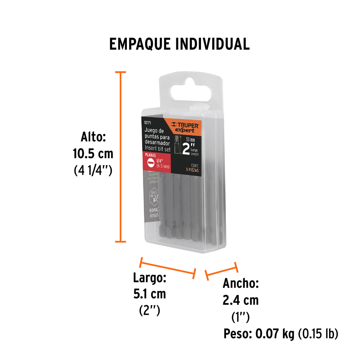 Puntas para desarmador planas, P25, 2", 5 piezas
