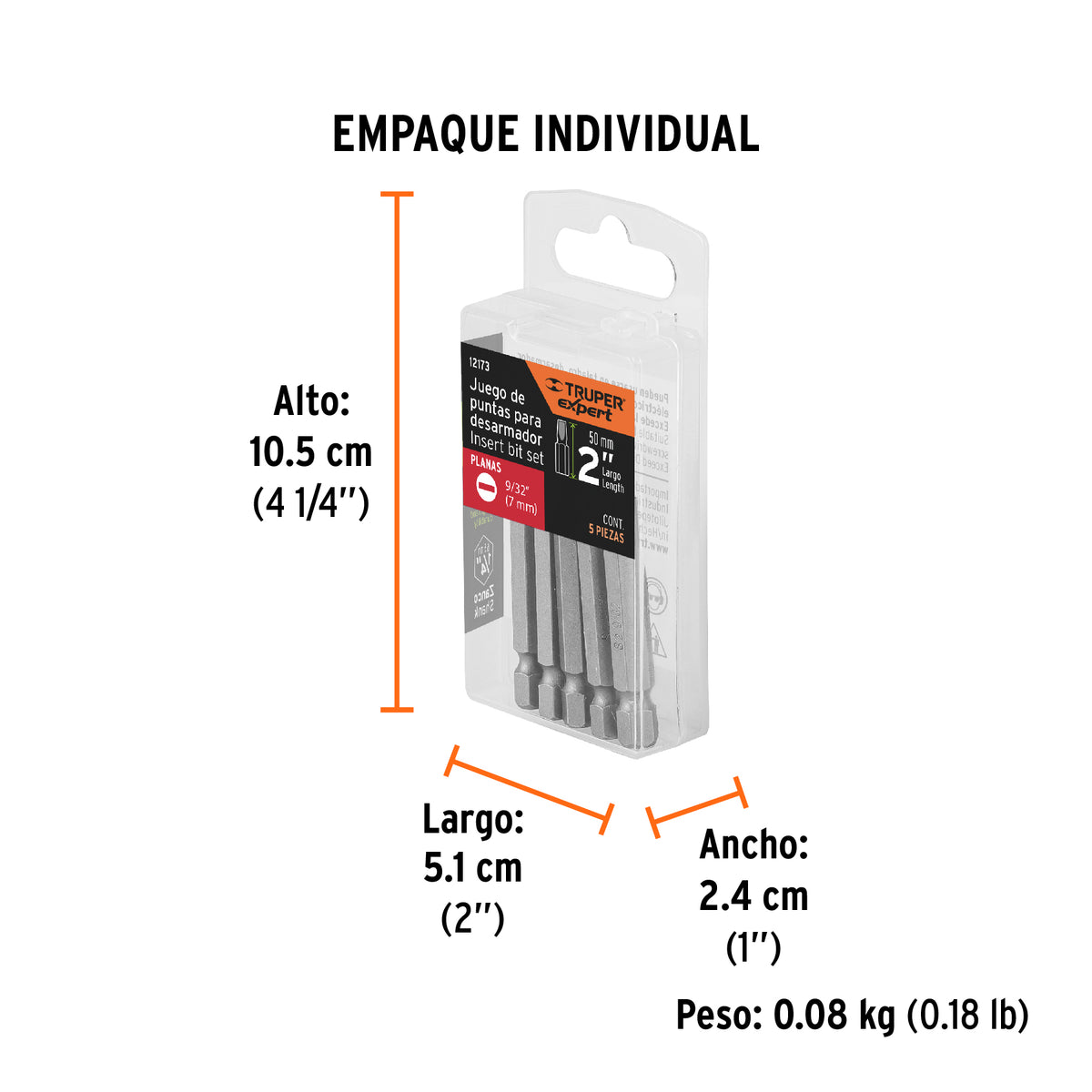 Puntas para desarmador planas, P28, 2", 5 piezas