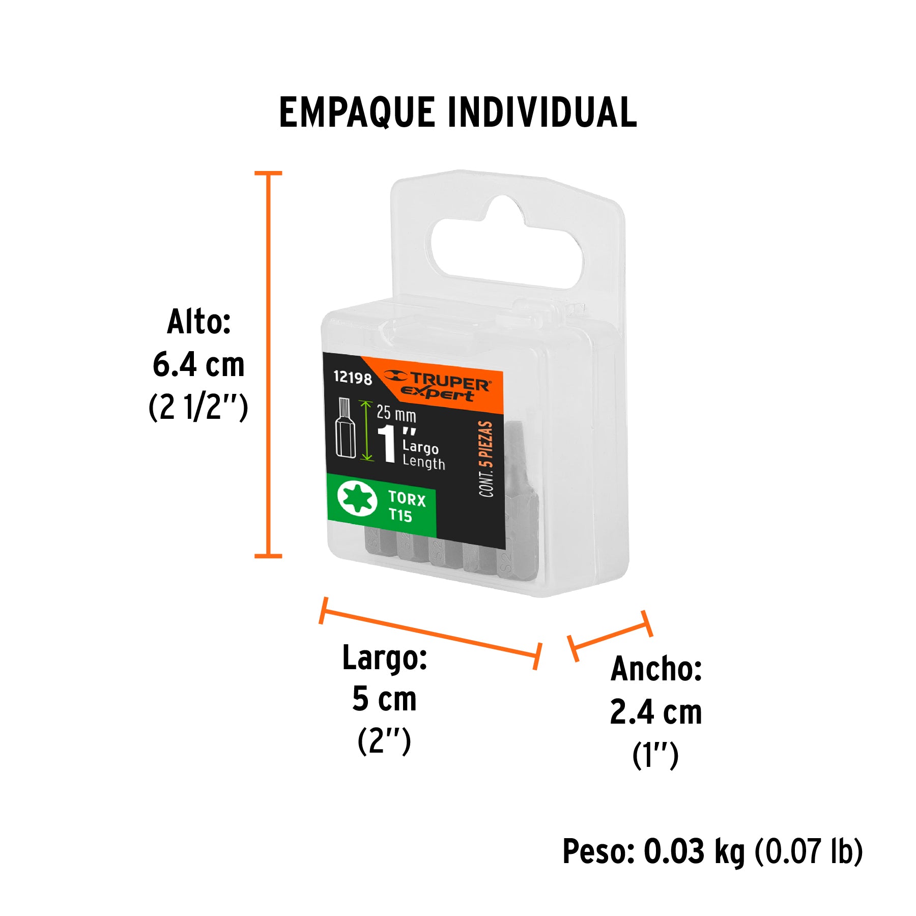 Puntas para desarmador Torx T15, 1", 5 piezas