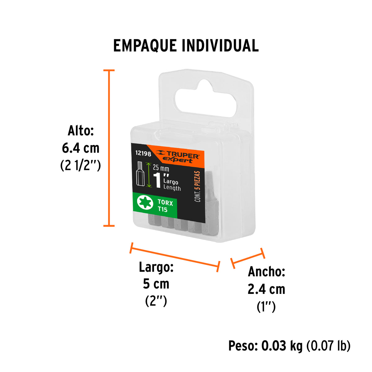 Puntas para desarmador Torx T15, 1", 5 piezas