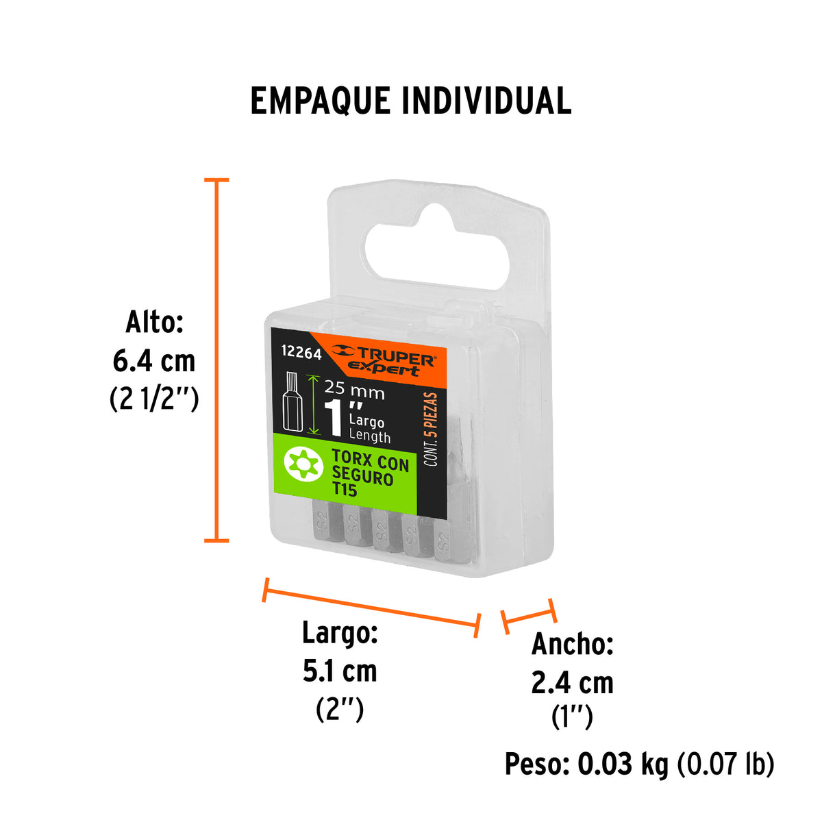Puntas para desarmador Torx seg T15, 1", 5 piezas