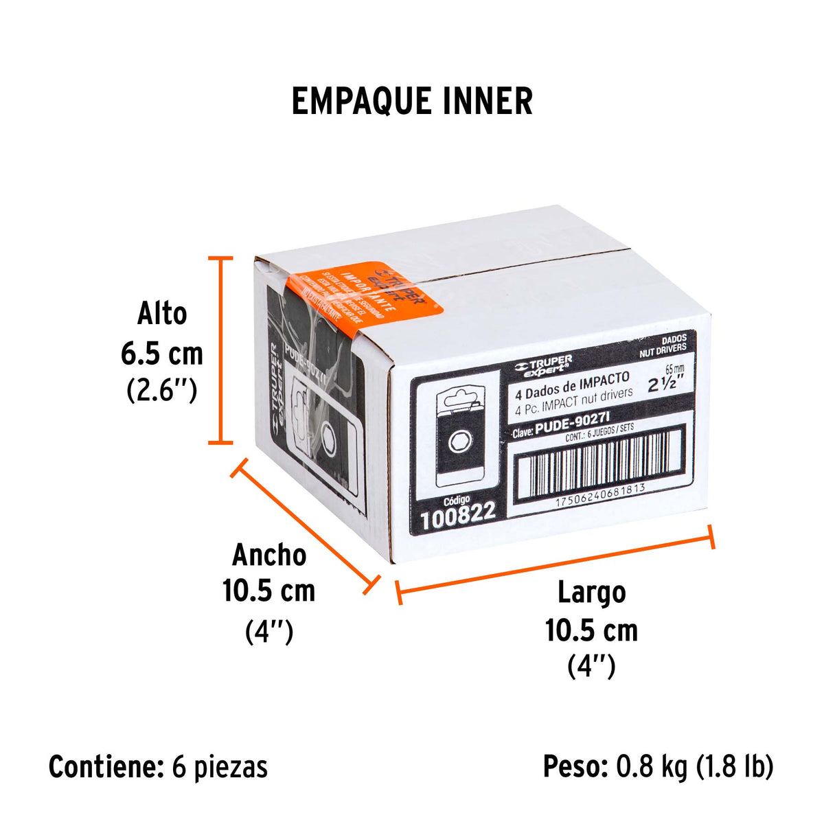 Estuche con 4 dados magnéticos de impacto 3/8" largo 2-1/2"