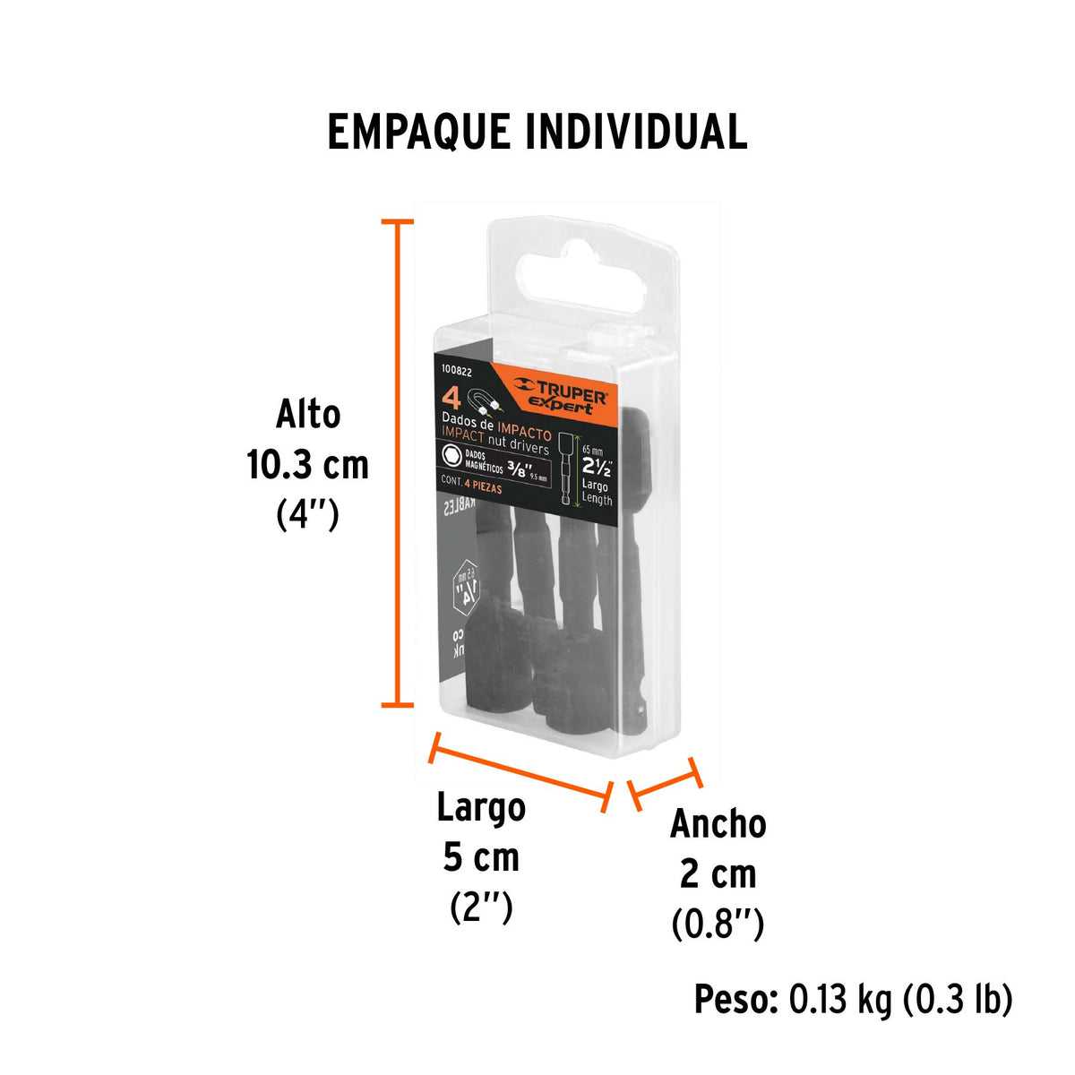 Estuche con 4 dados magnéticos de impacto 3/8" largo 2-1/2"