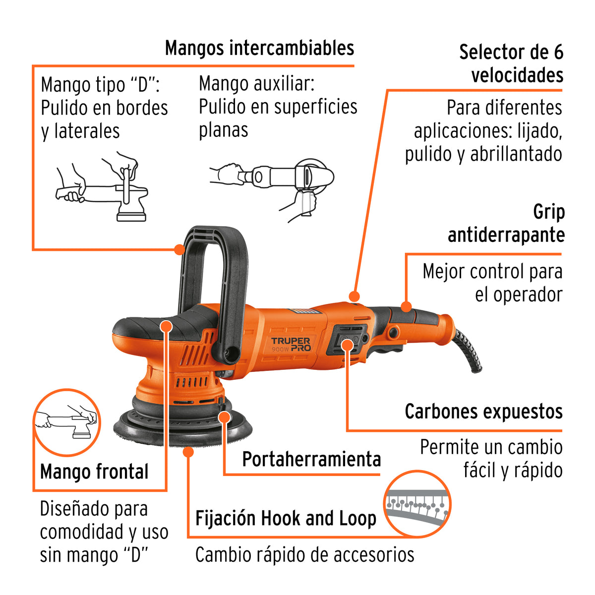 Pulidora doble acción 6' 900 W, profesional, Truper