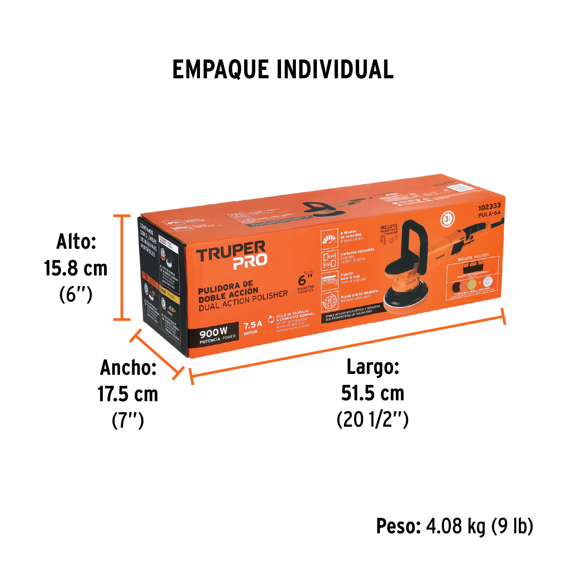 Pulidora doble acción 6' 900 W, profesional, Truper