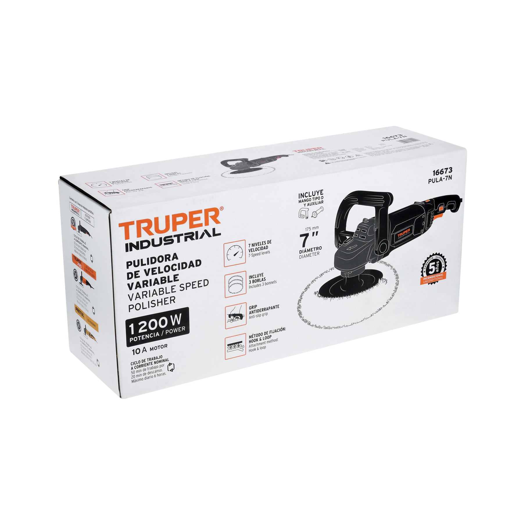 Pulidora industrial para autos, 7", 1,200 W