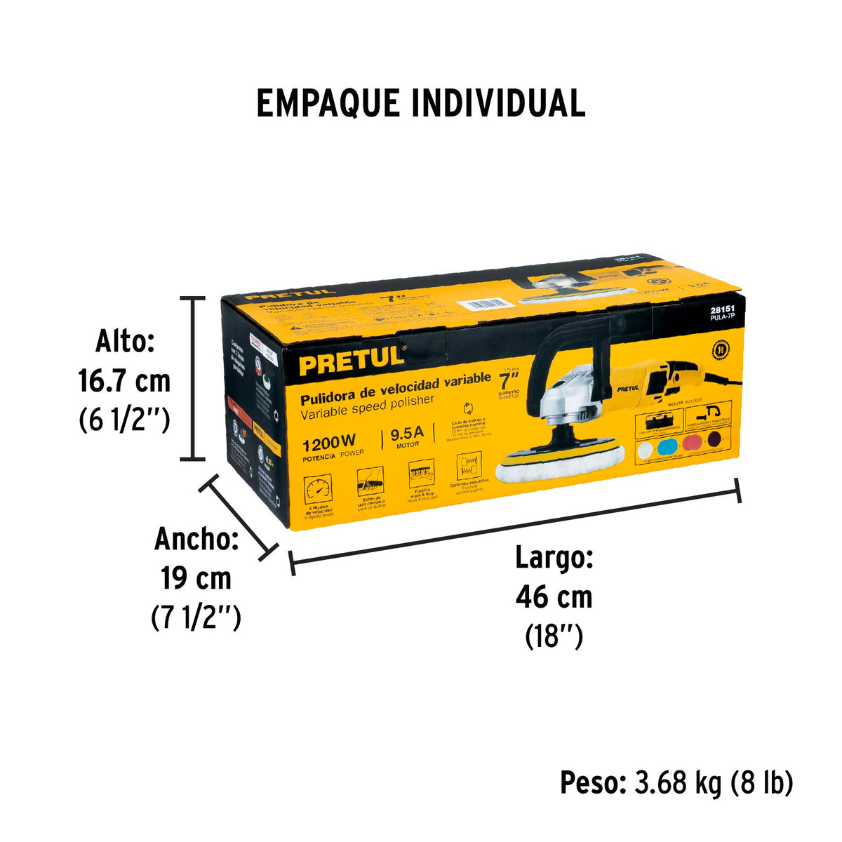 Pulidora velocidad variable 7' 1200W, c/accesorios, PRETUL