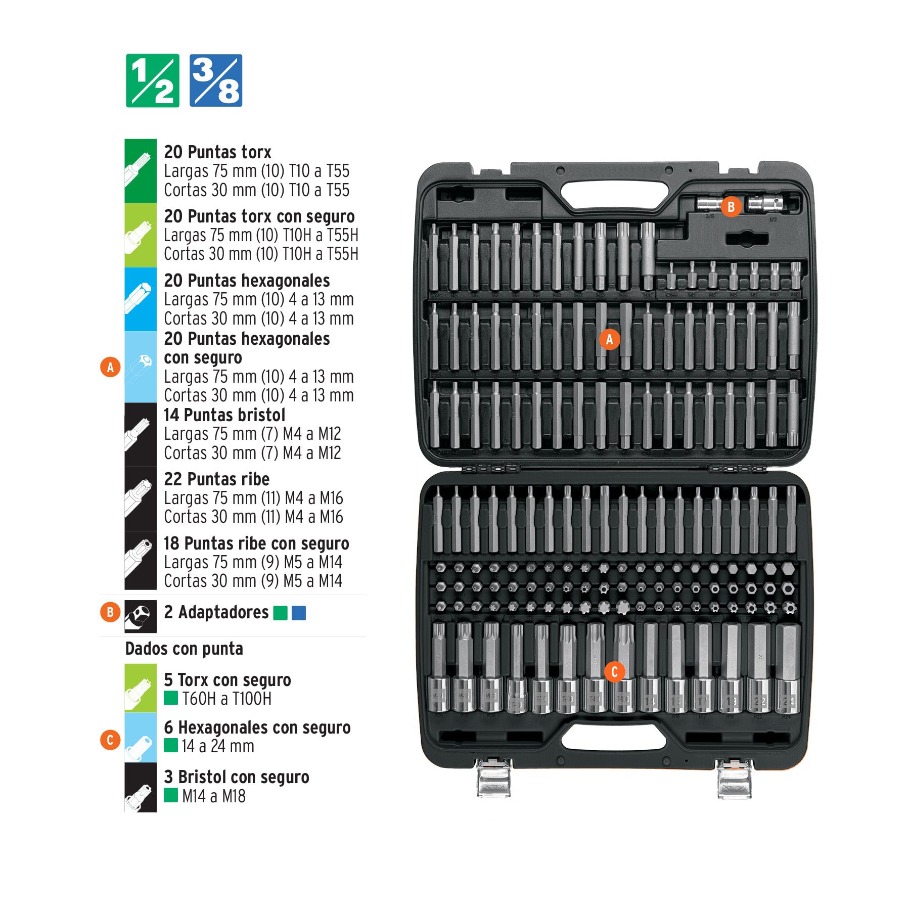 Jgo profesional de puntas y dados con punta p/mécanica 150pz