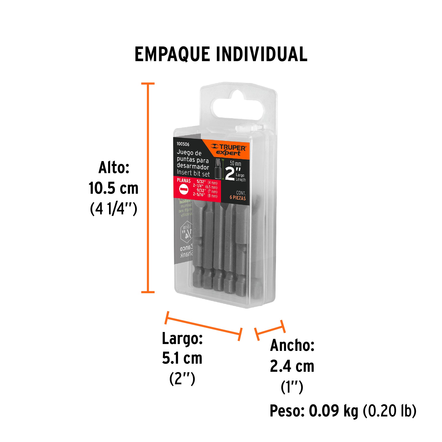 Juego de 6 puntas planas, largo 2”, Truper Expert