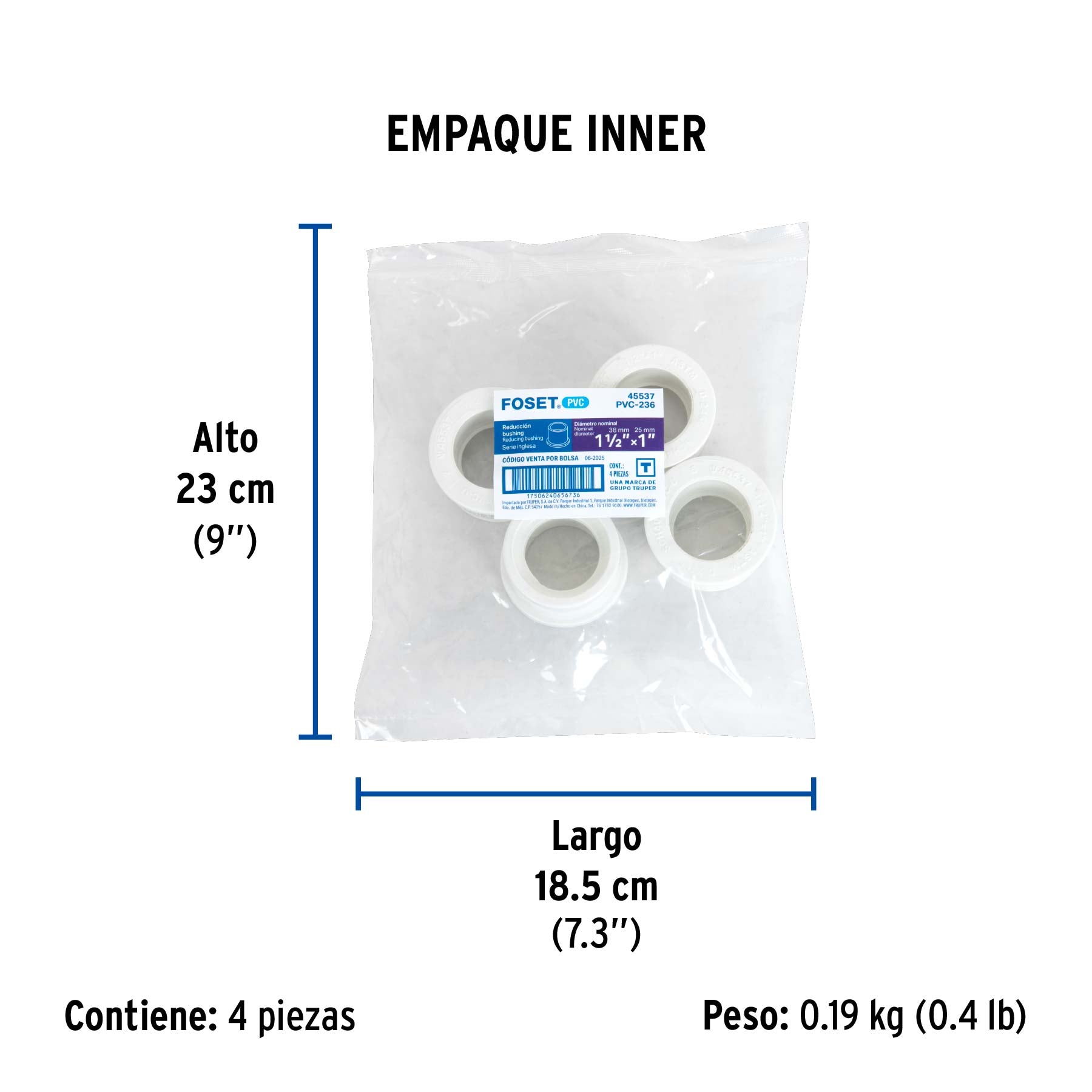 Reducción bushing de PVC, 1-1/2 x 1"