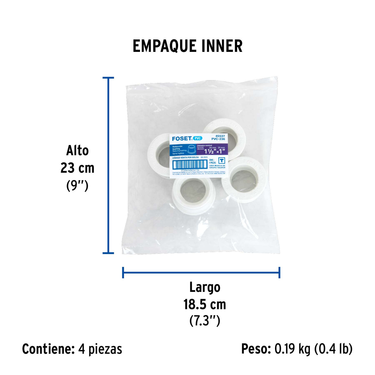 Reducción bushing de PVC, 1-1/2 x 1"