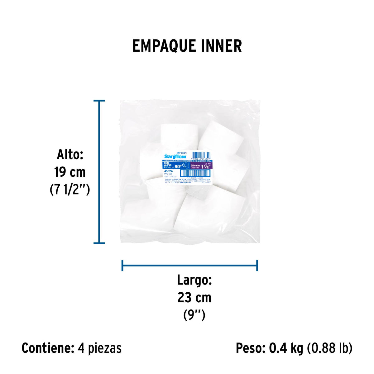 Codo 90° de PVC, 1-1/2"