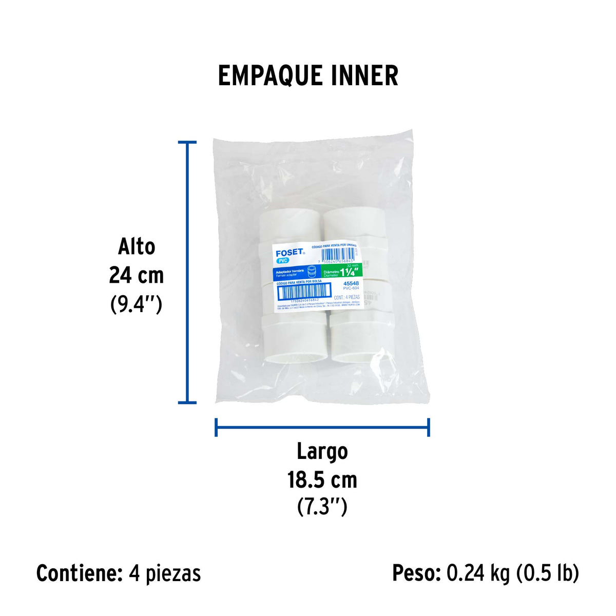 Adaptador hembra de PVC, 1-1/4"