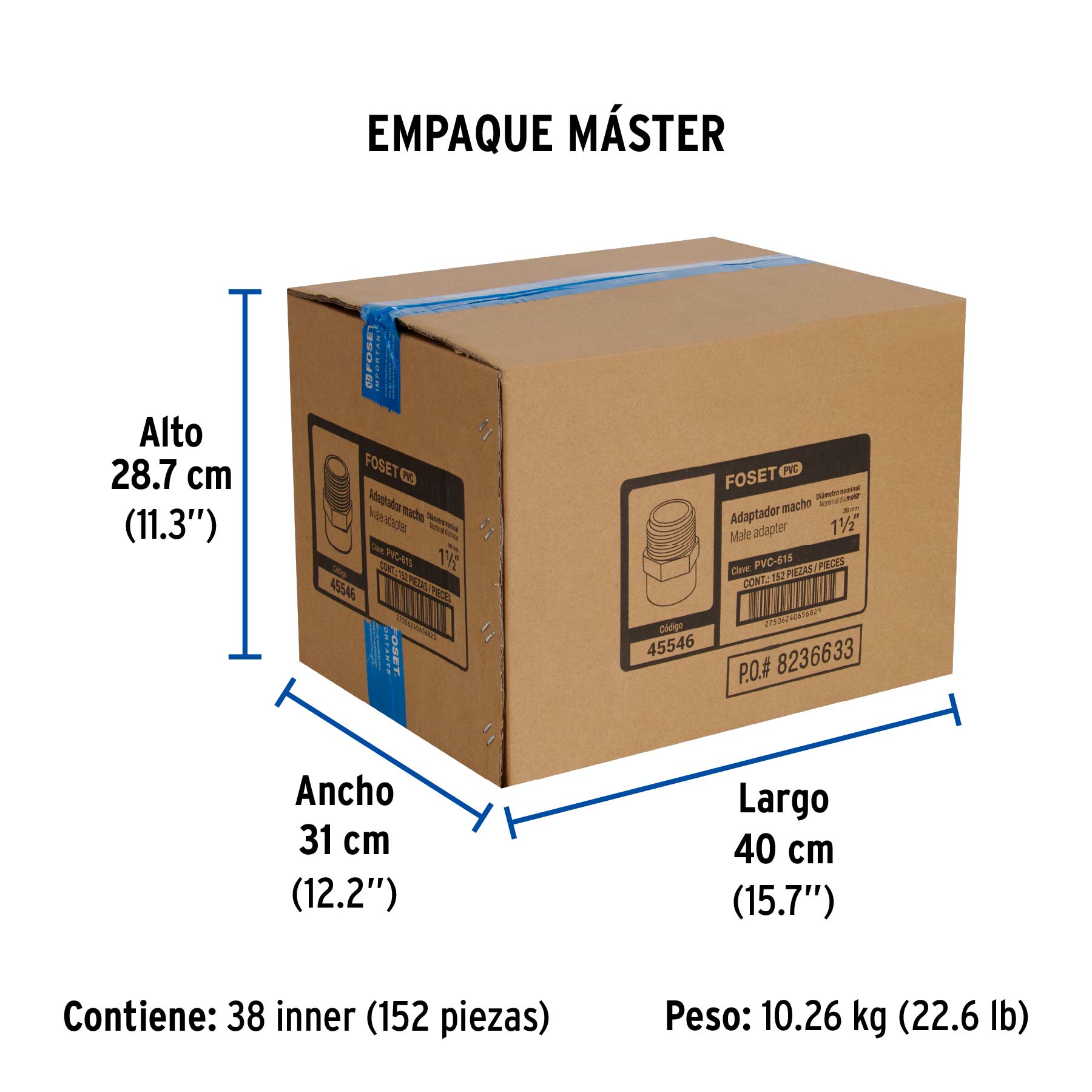 Adaptador macho de PVC, 1-1/2"