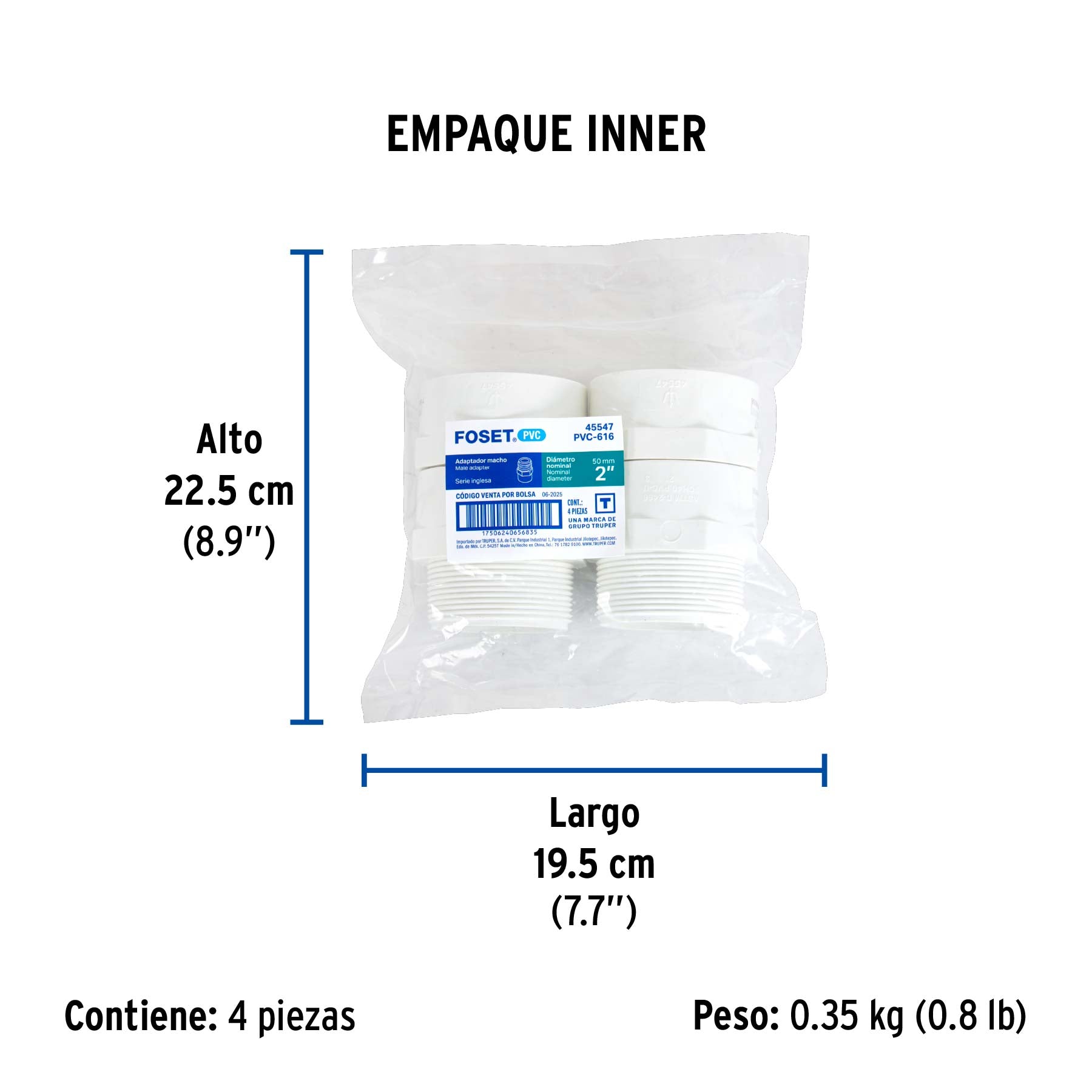 Adaptador macho de PVC, 2"
