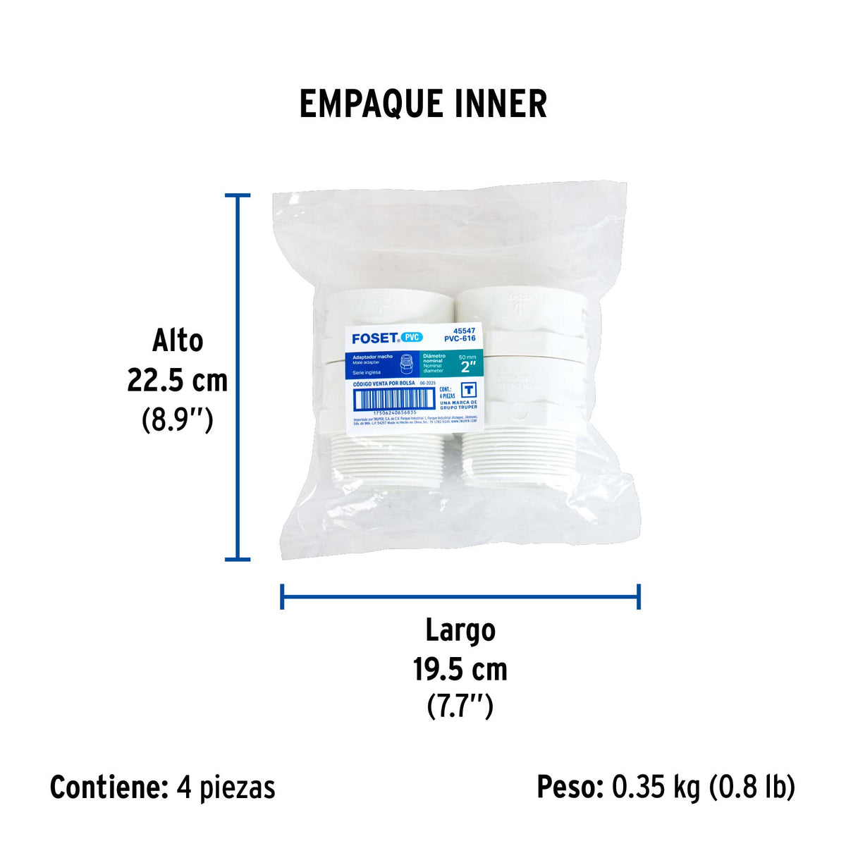 Adaptador macho de PVC, 2"