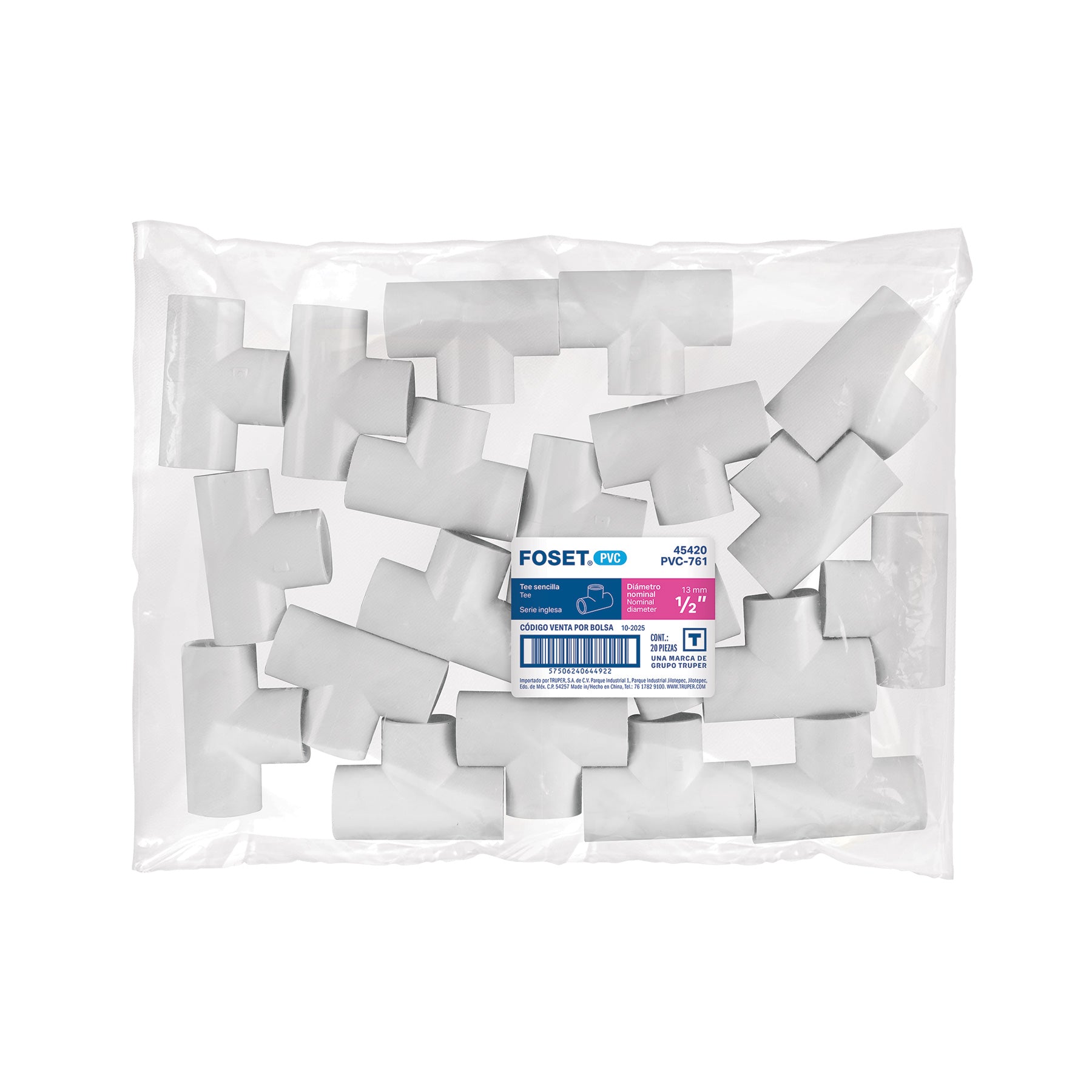 Tee sencilla de PVC, 1/2"