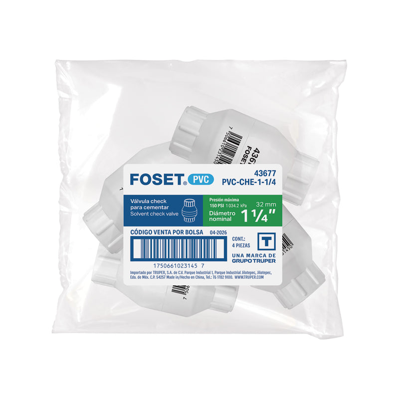Válvula check de PVC 1-1/4' para cementar, FOSET