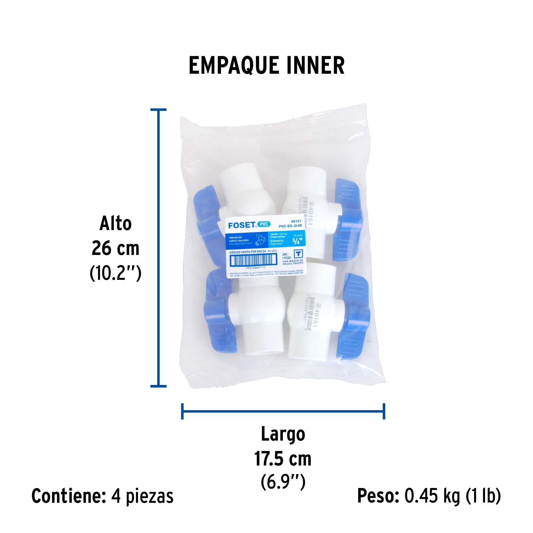 Válvula esfera de pvc, 3/4", roscable