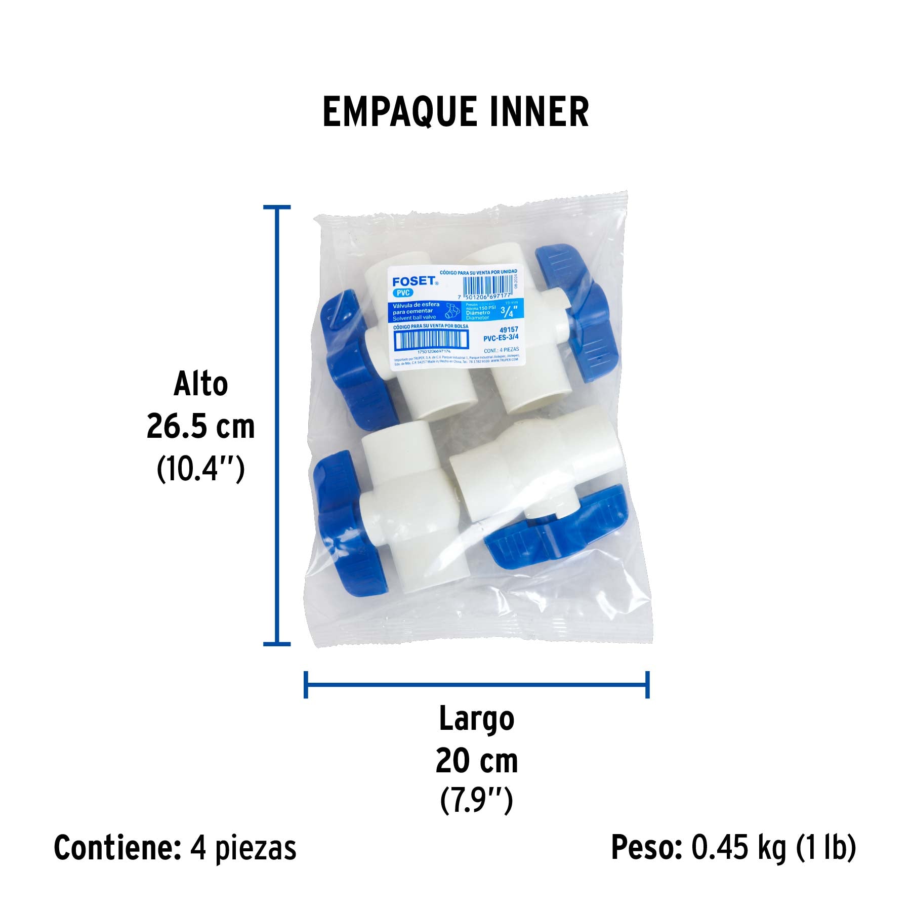 Válvula de esfera de pvc, de 3/4", para cementar
