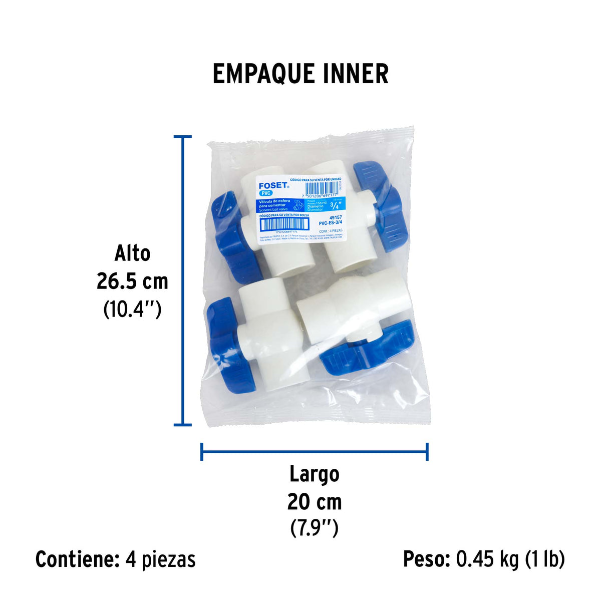 Válvula de esfera de pvc, de 3/4", para cementar
