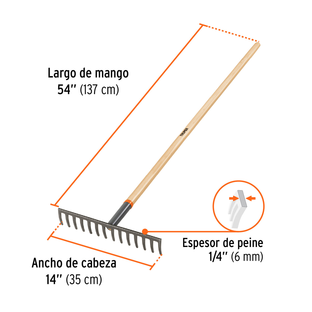 Rastrillo recto de 14 dientes, mango de 54", TRUPER