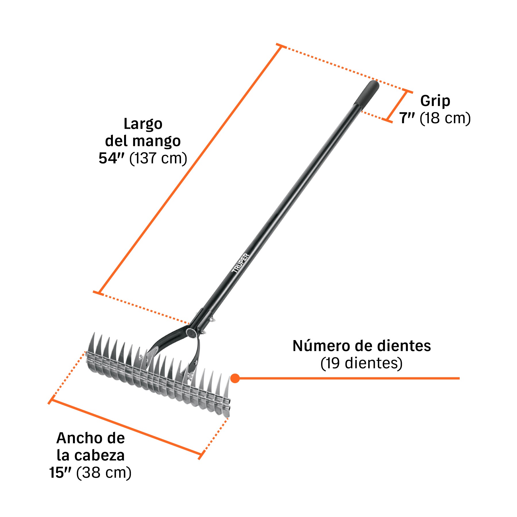 Rastrillo aireador de 19 dientes, mango 54',fibra Vidrio