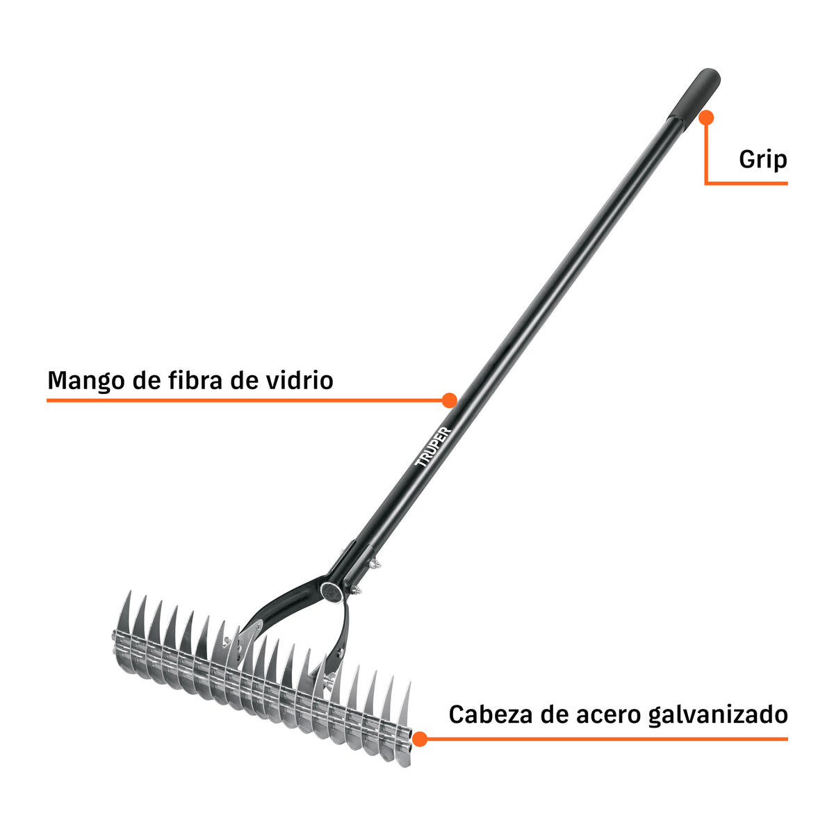 Rastrillo aireador de 19 dientes, mango 54',fibra Vidrio