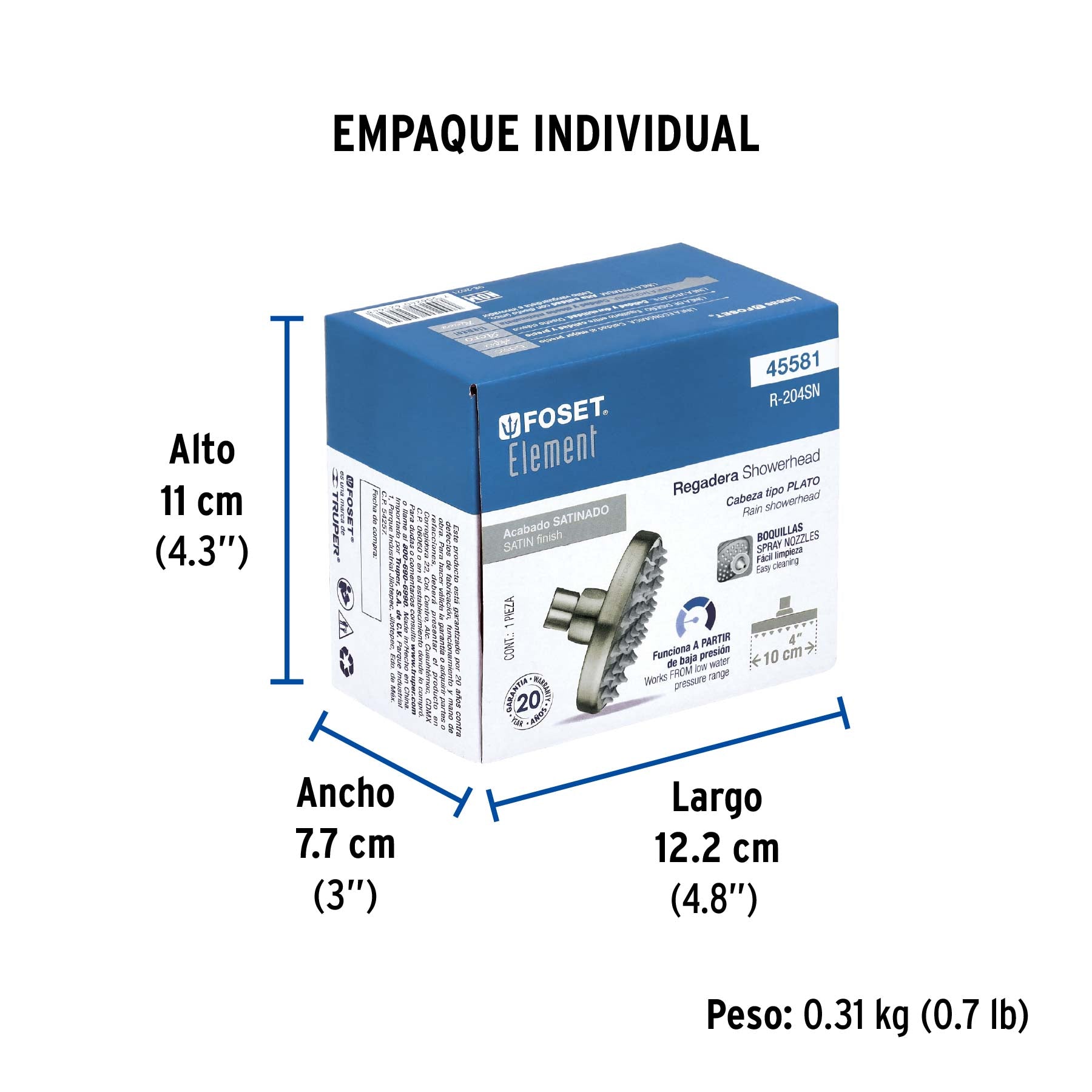Regadera de latón, 4", sin brazo, satinado, Element