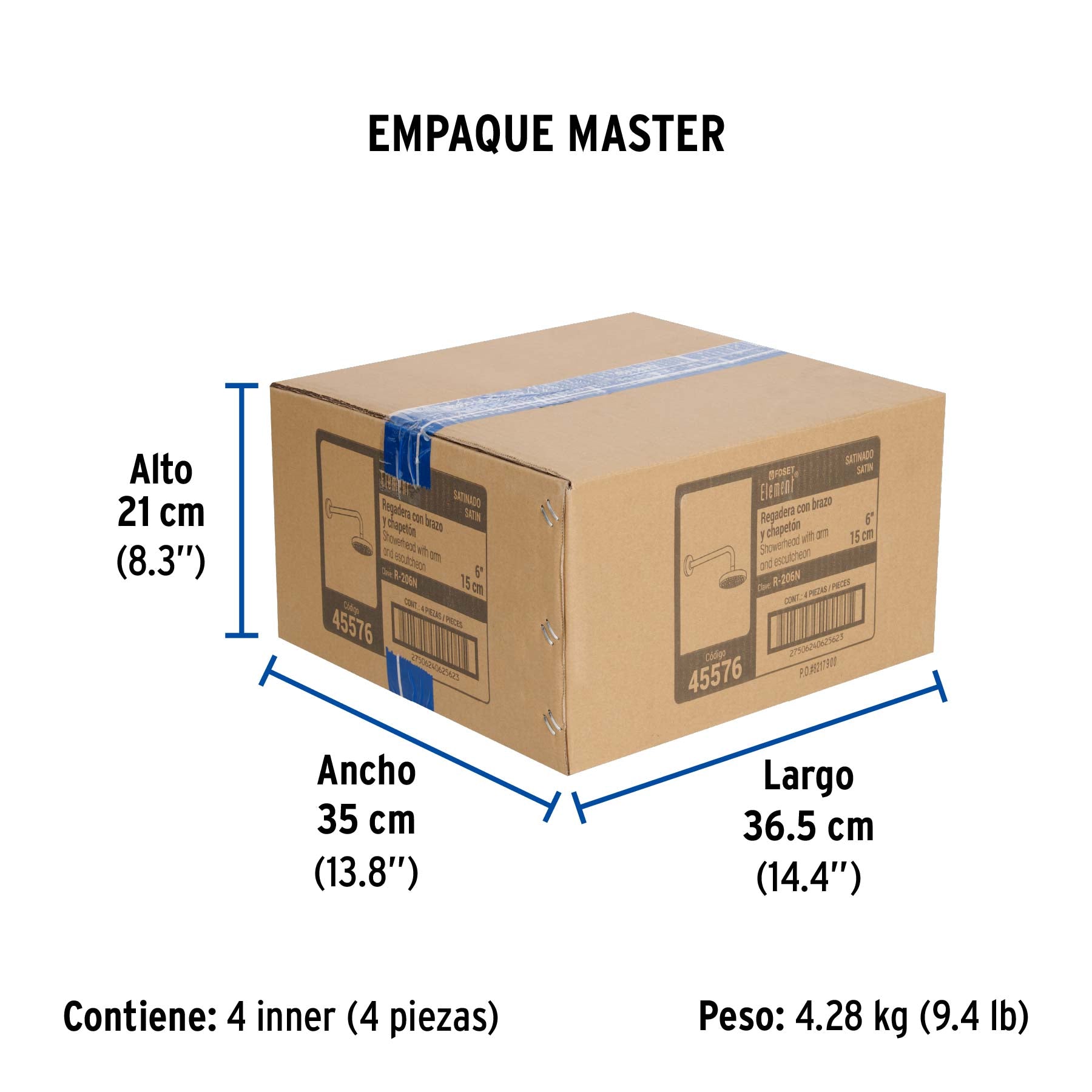Regadera de latón, 6", con brazo, satinado, Element