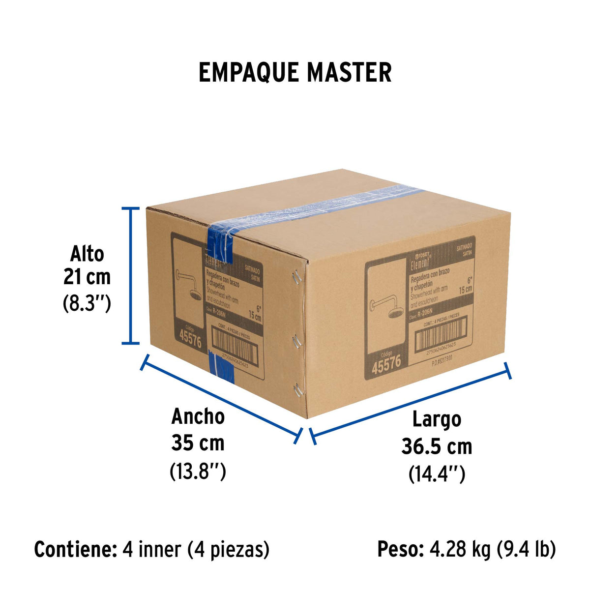 Regadera de latón, 6", con brazo, satinado, Element