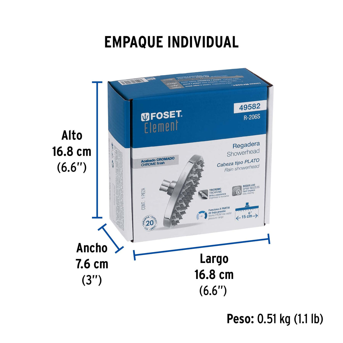 Regadera redonda, 6", sin brazo, Element