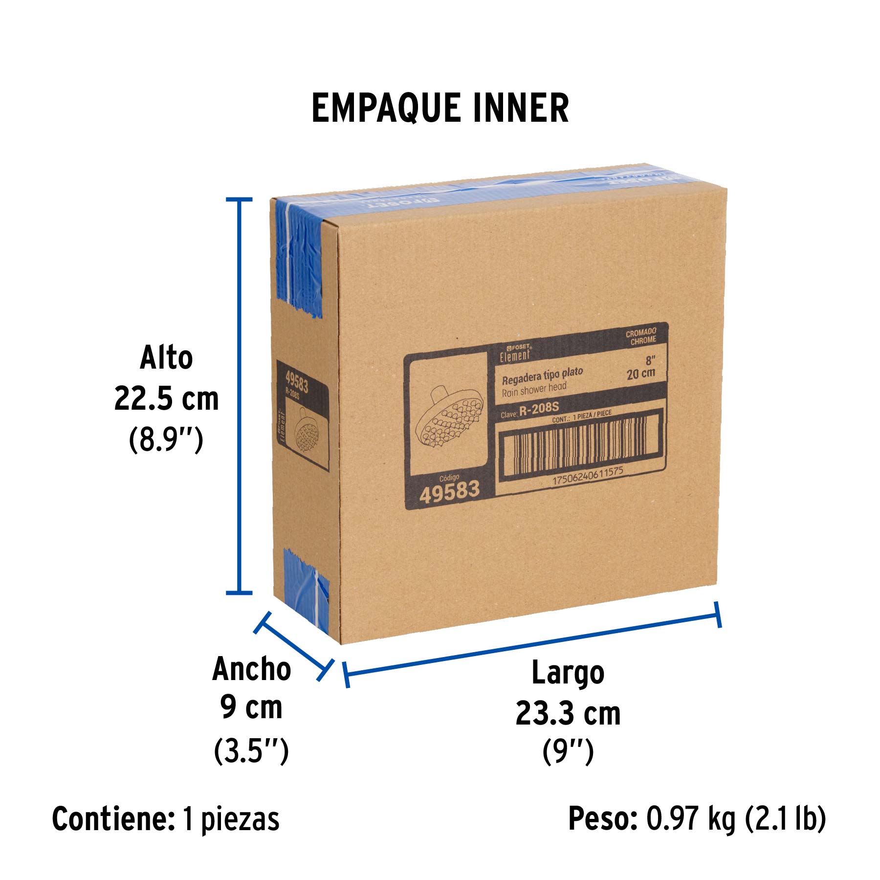 Regadera redonda, 8", sin brazo, Element
