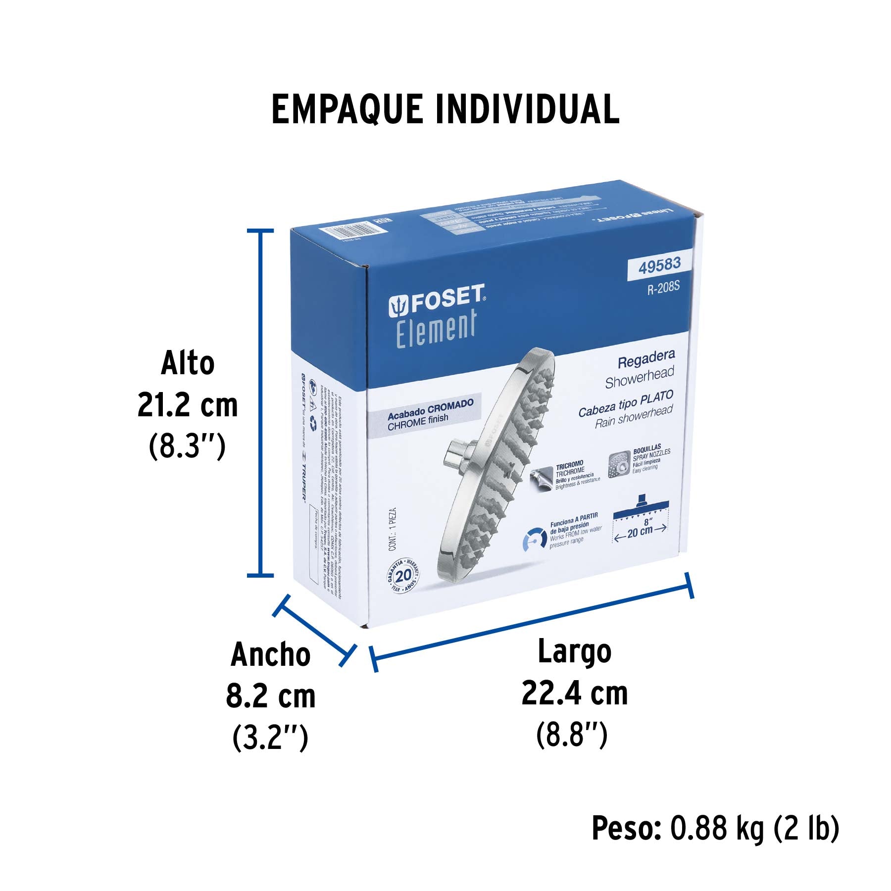 Regadera redonda, 8", sin brazo, Element