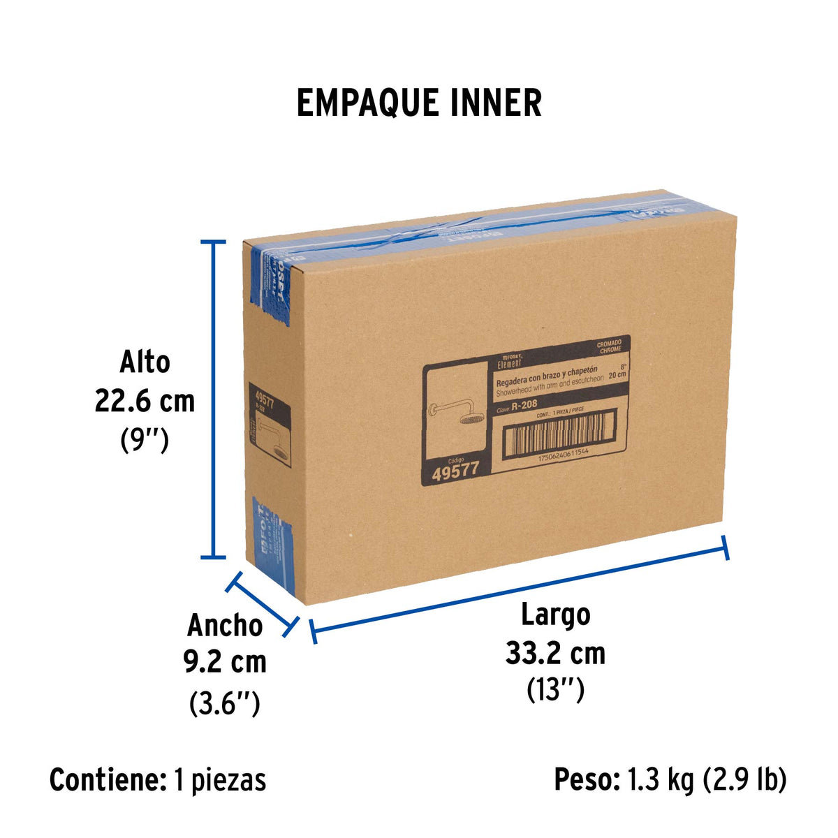 Regadera redonda, 8", con brazo, Element