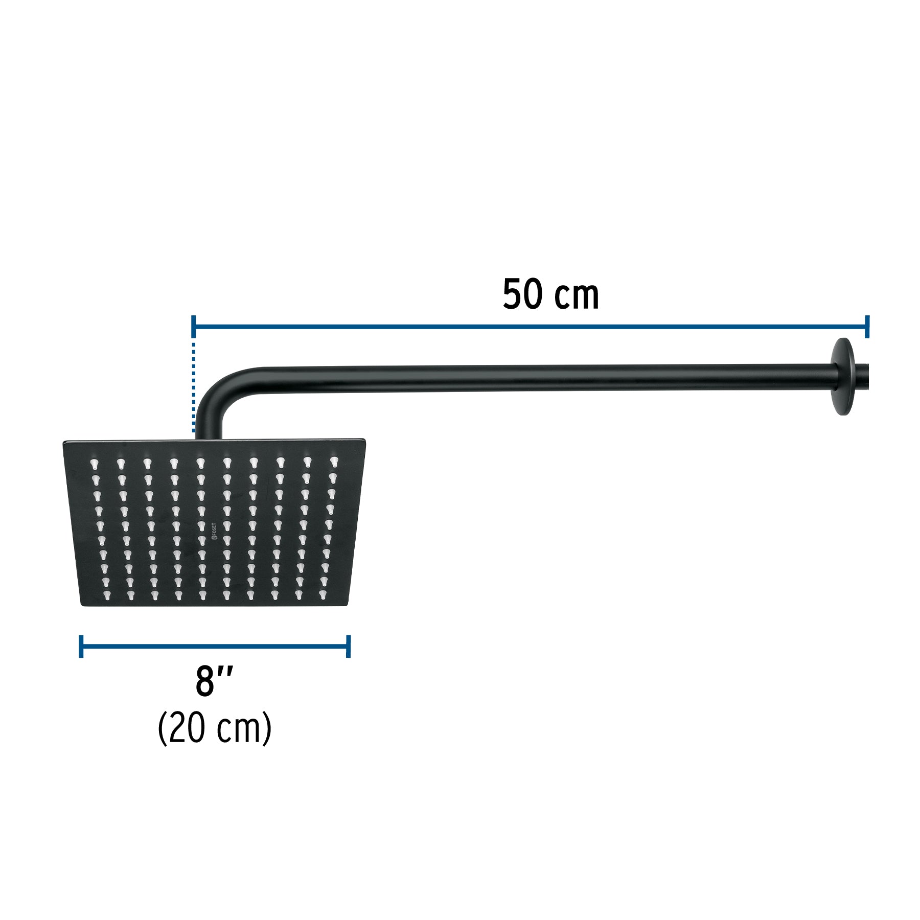 Regadera plato cuadrado 8' con brazo, negro, FOSET RIVIERA
