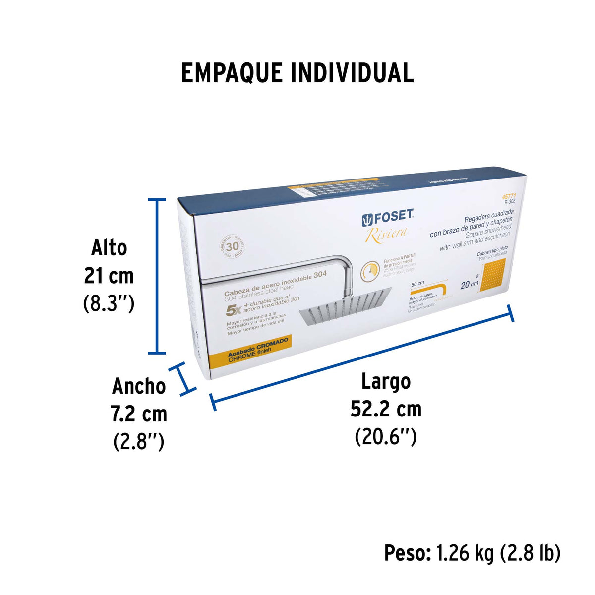 Regadera acero inoxidable, 8", con brazo, cromado, Riviera