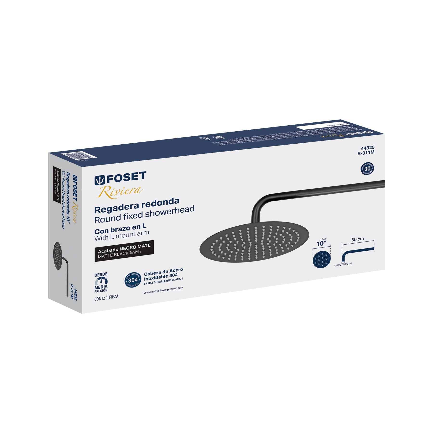 Regadera plato redondo 10' con brazo, negro, FOSET RIVIERA