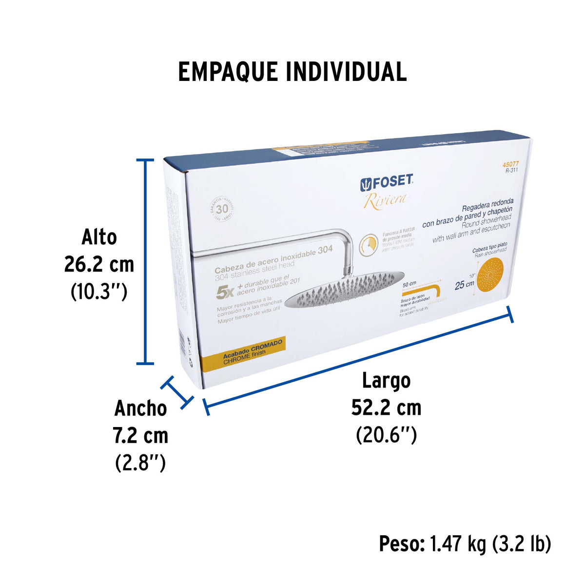 Regadera redonda, acero inoxidable, 10", cromada, Riviera