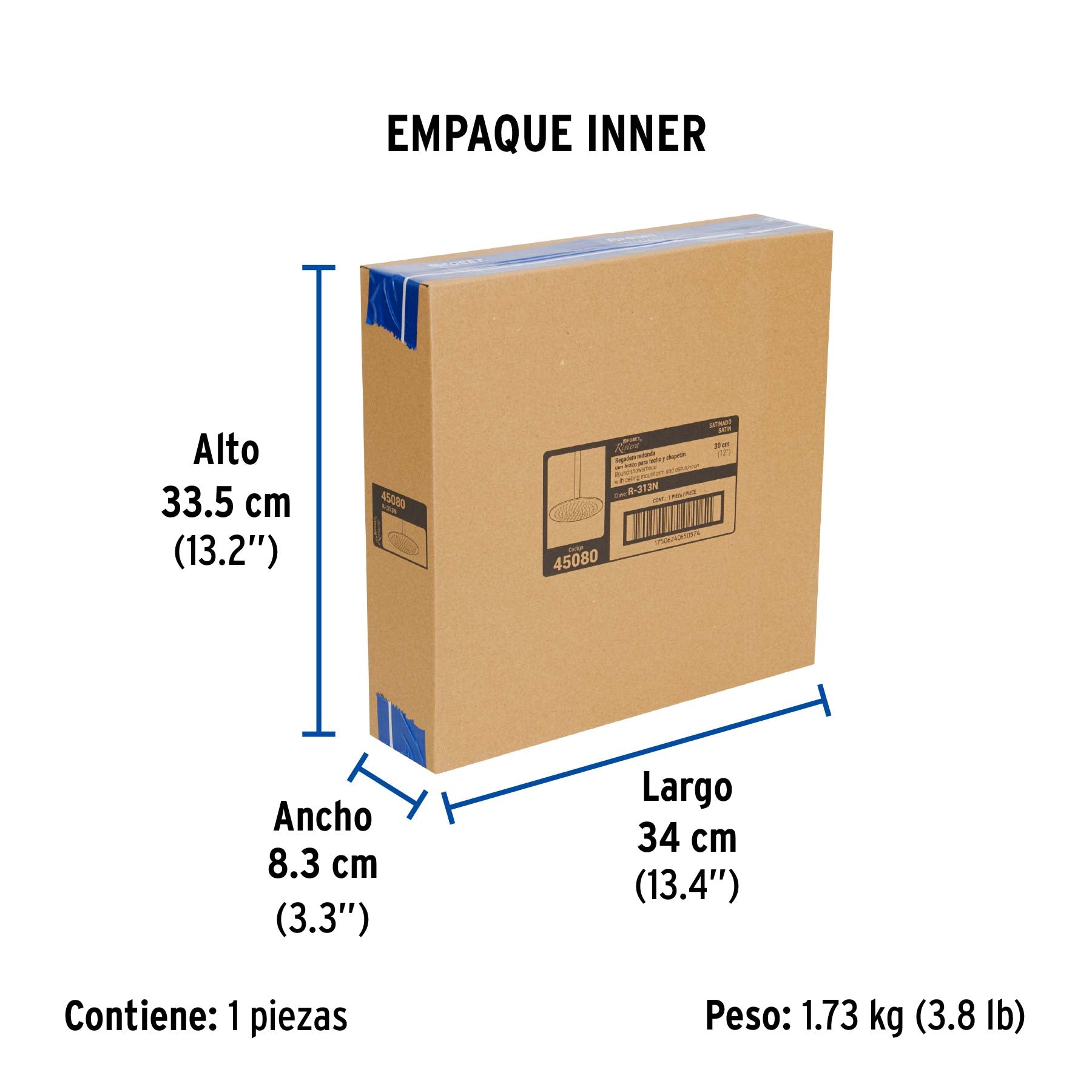 Regadera redonda, acero inoxidable, 12", satinada, Riviera