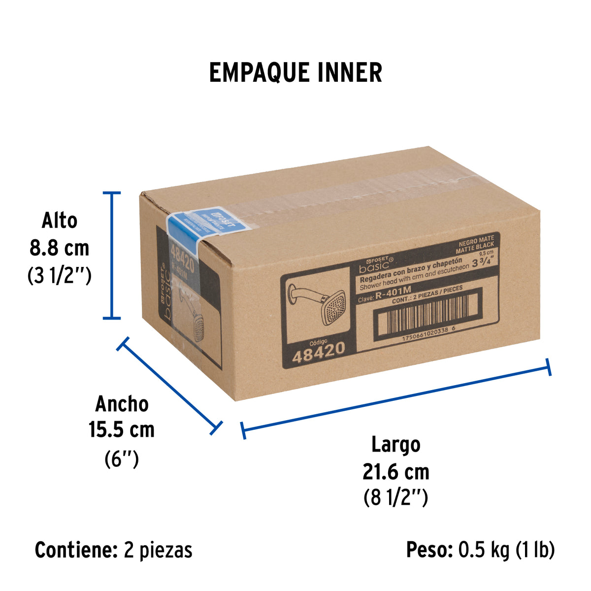 Regadera cuadrada 3-3/4' brazo y chapetón, negro, Basic